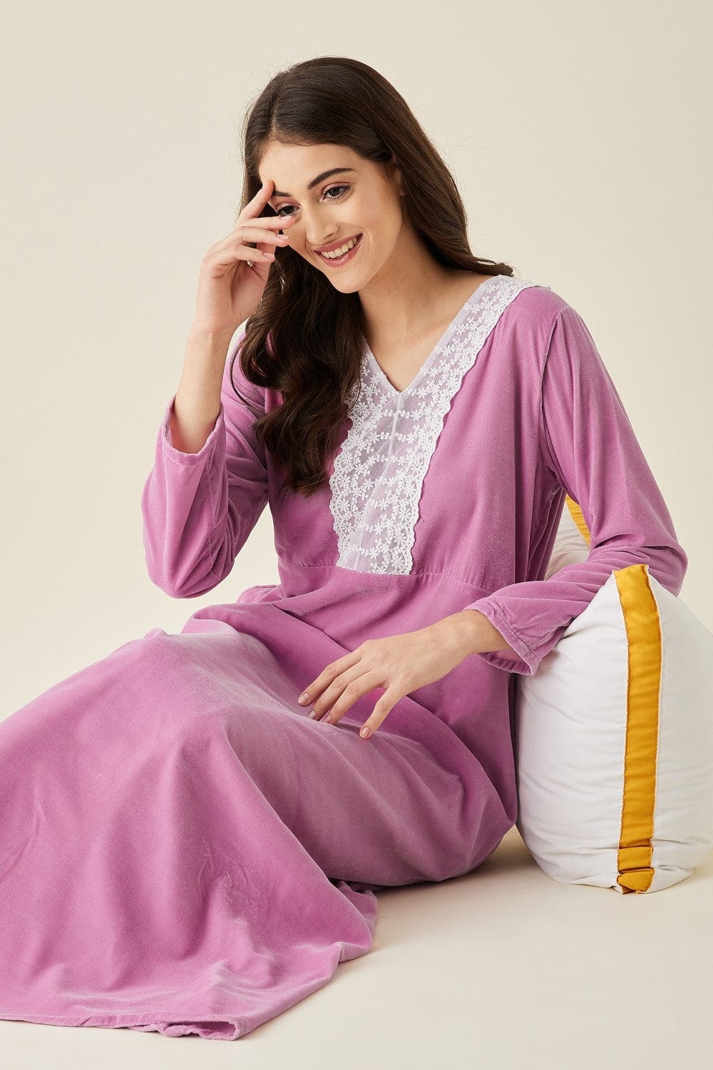 The Kaftan Company Nightdress Mauve Velvet Nightdress with Lace Detail Neckline