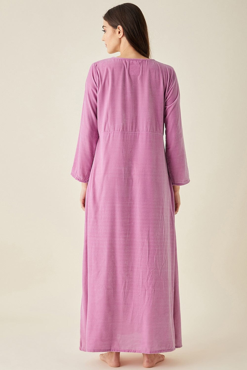 The Kaftan Company Nightdress Mauve Velvet Nightdress with Lace Detail Neckline