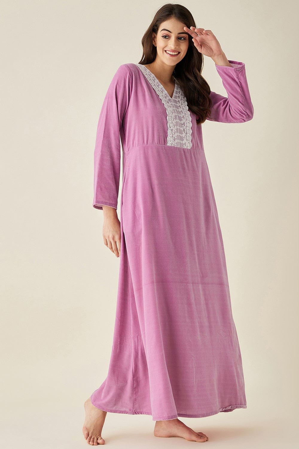 The Kaftan Company Nightdress Mauve Velvet Nightdress with Lace Detail Neckline
