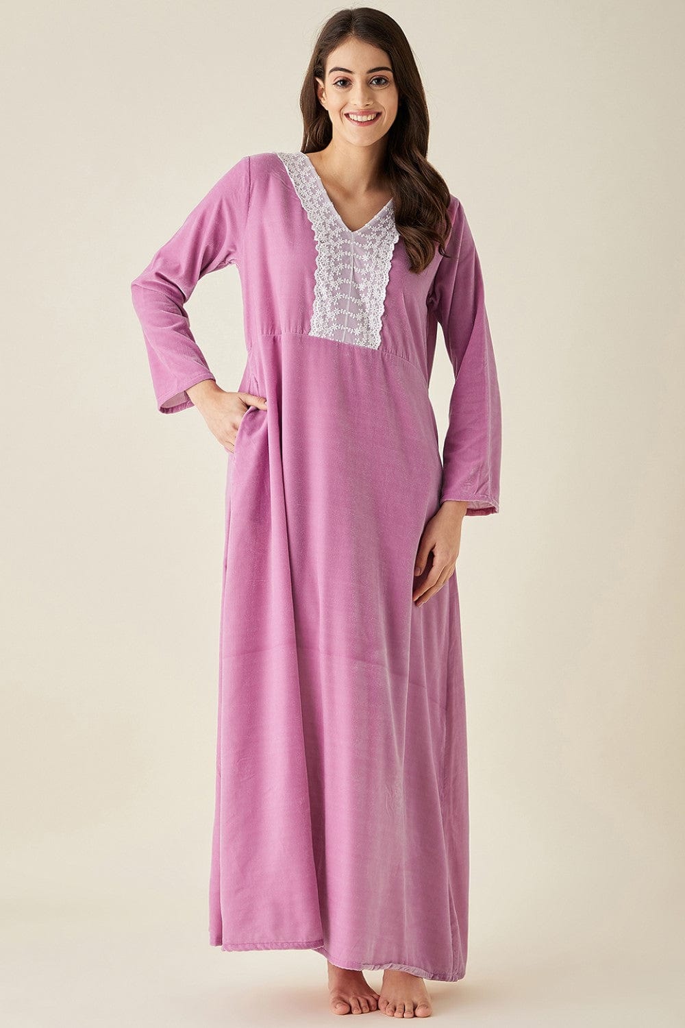 The Kaftan Company Nightdress Mauve Velvet Nightdress with Lace Detail Neckline