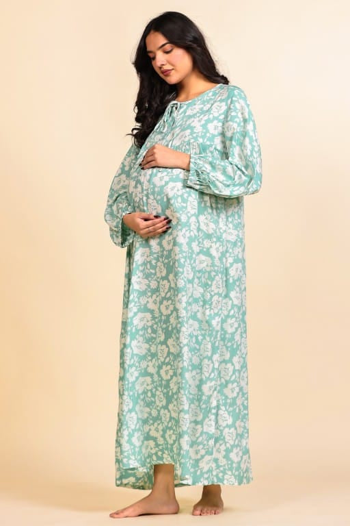 The Kaftan Company Nightdress Mint Green Floral Viscose Rayon Maternity Nightdress