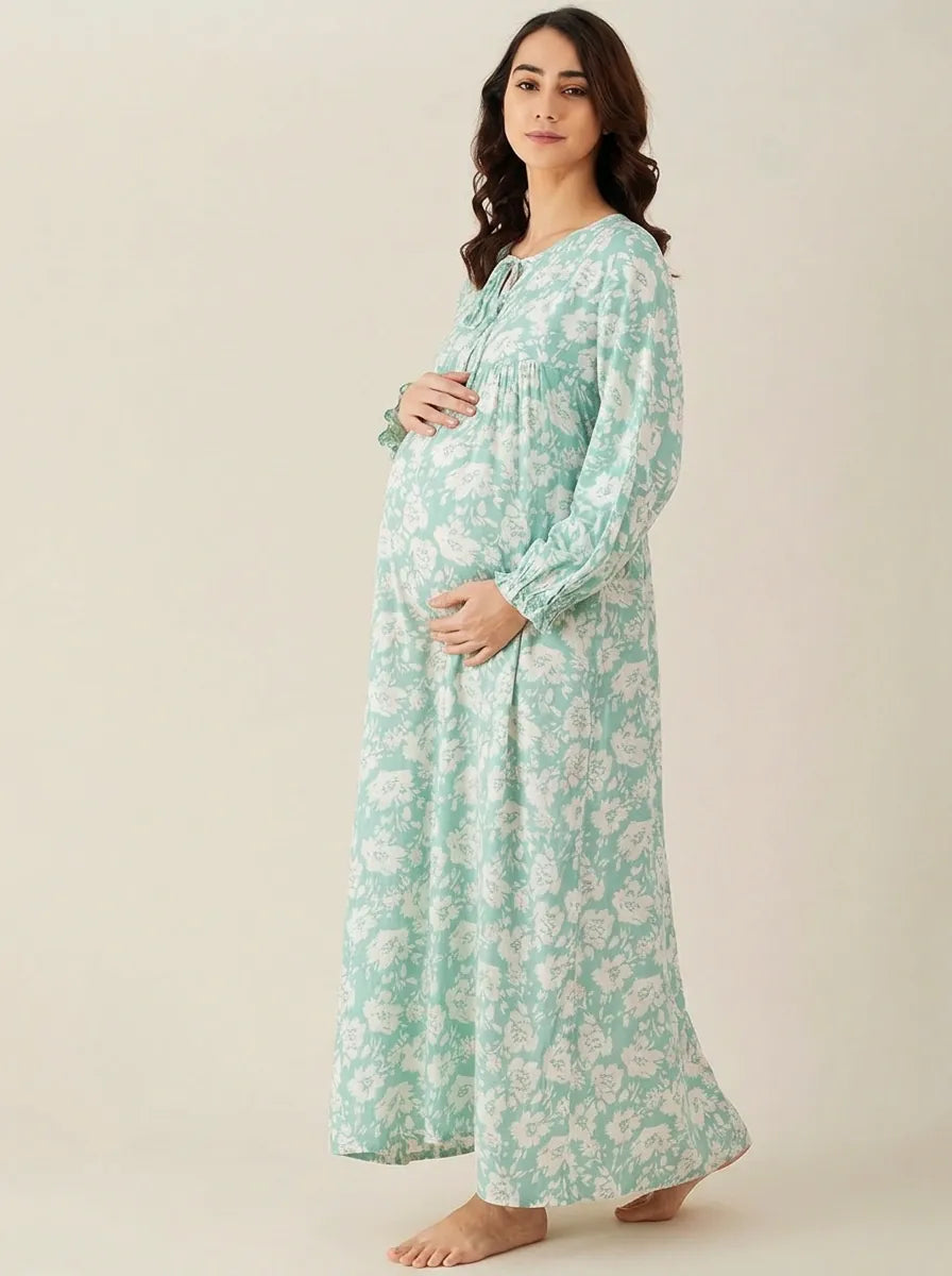 The Kaftan Company Nightdress Mint Green Floral Viscose Rayon Maternity Nightdress