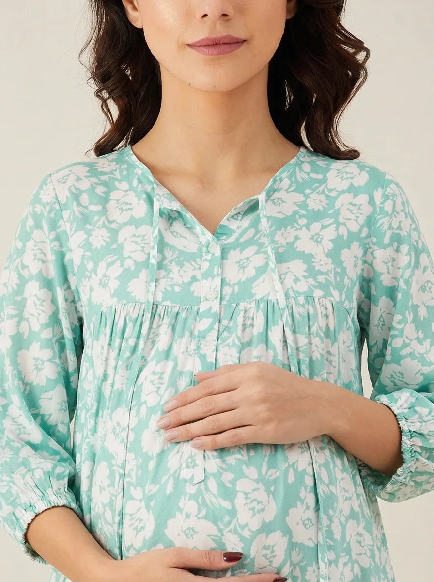 The Kaftan Company Nightdress Mint Green Floral Viscose Rayon Maternity Nightdress