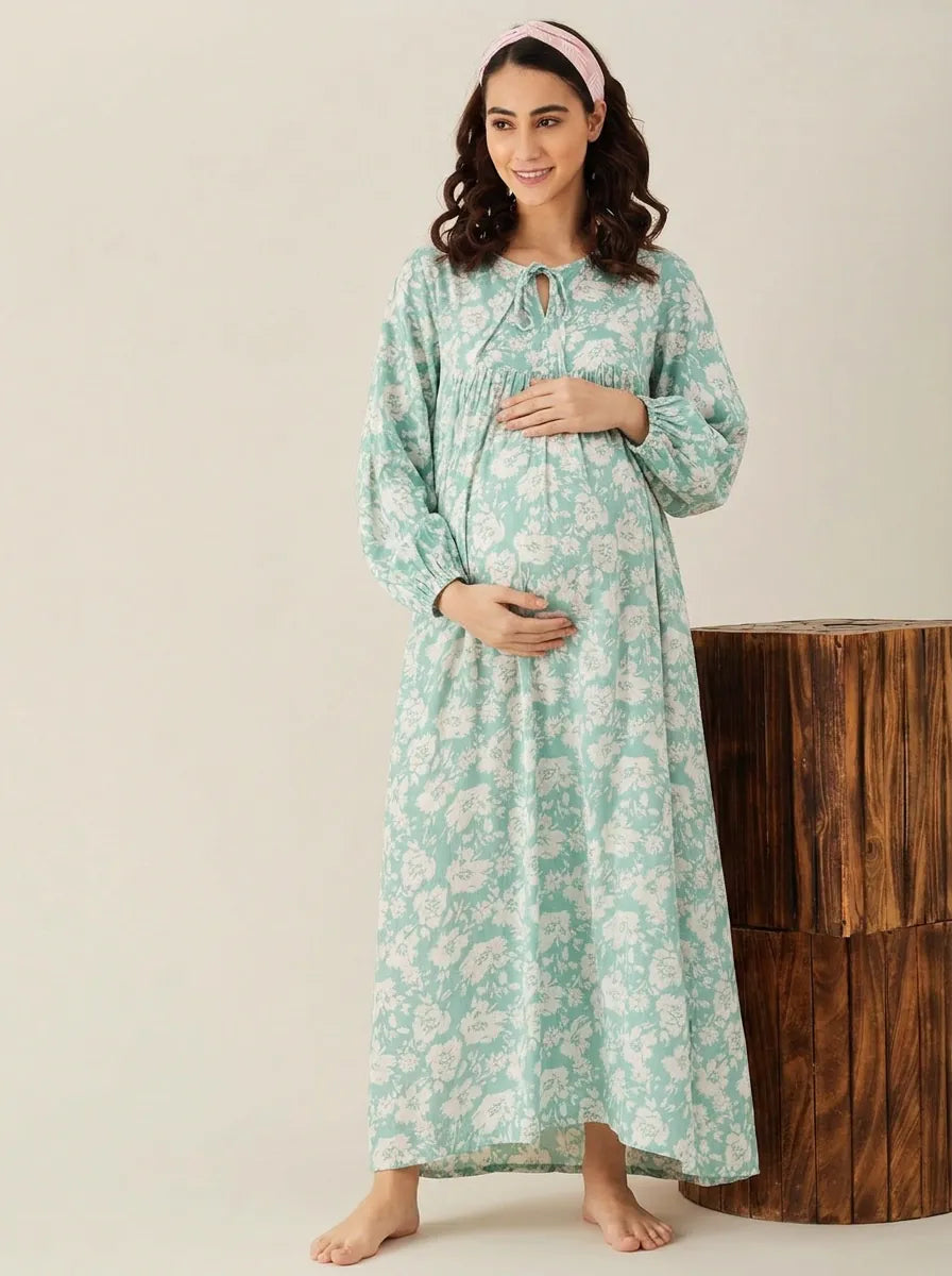 The Kaftan Company Nightdress Mint Green Floral Viscose Rayon Maternity Nightdress
