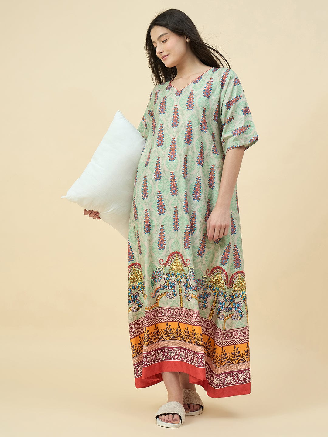 The Kaftan Company Nightdress Mint Green Paisley Cotton Viscose Nightdress – With Pockets & Back Elastic