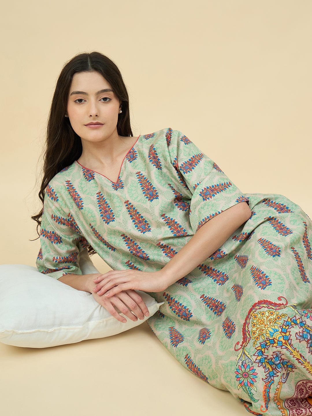 The Kaftan Company Nightdress Mint Green Paisley Cotton Viscose Nightdress – With Pockets & Back Elastic