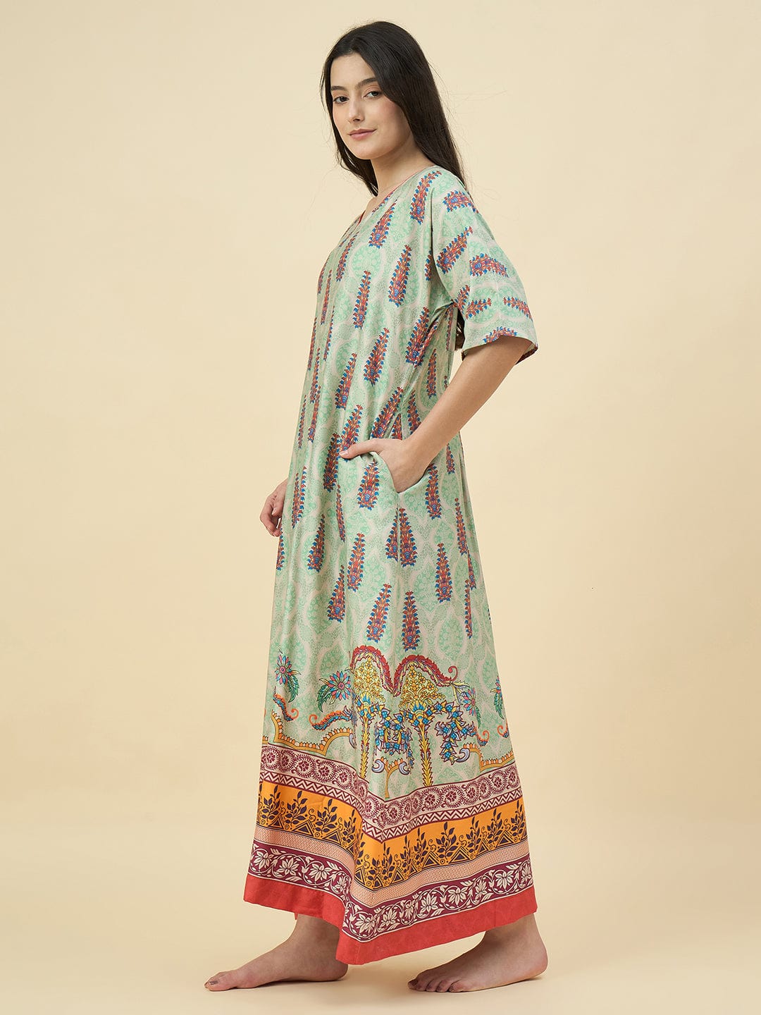 The Kaftan Company Nightdress Mint Green Paisley Cotton Viscose Nightdress – With Pockets & Back Elastic