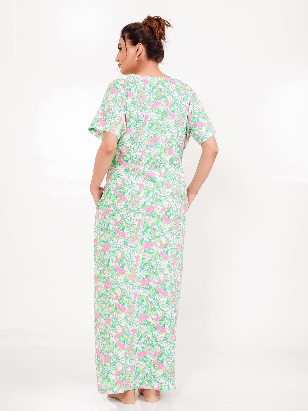 The Kaftan Company Nightdress Mint Pink Cotton Floral Nightdress with Pockets