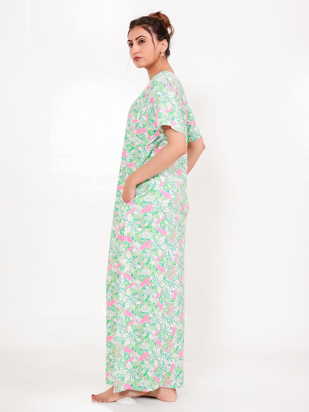 The Kaftan Company Nightdress Mint Pink Cotton Floral Nightdress with Pockets