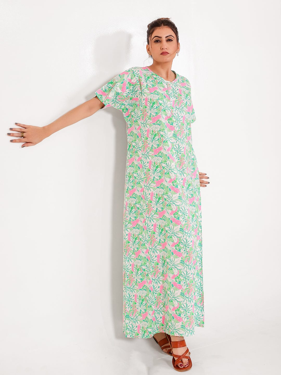 The Kaftan Company Nightdress Mint Pink Cotton Floral Nightdress with Pockets