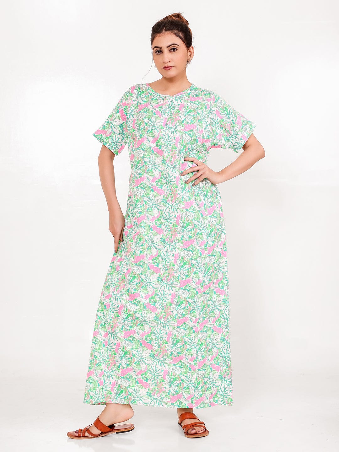The Kaftan Company Nightdress Mint Pink Cotton Floral Nightdress with Pockets