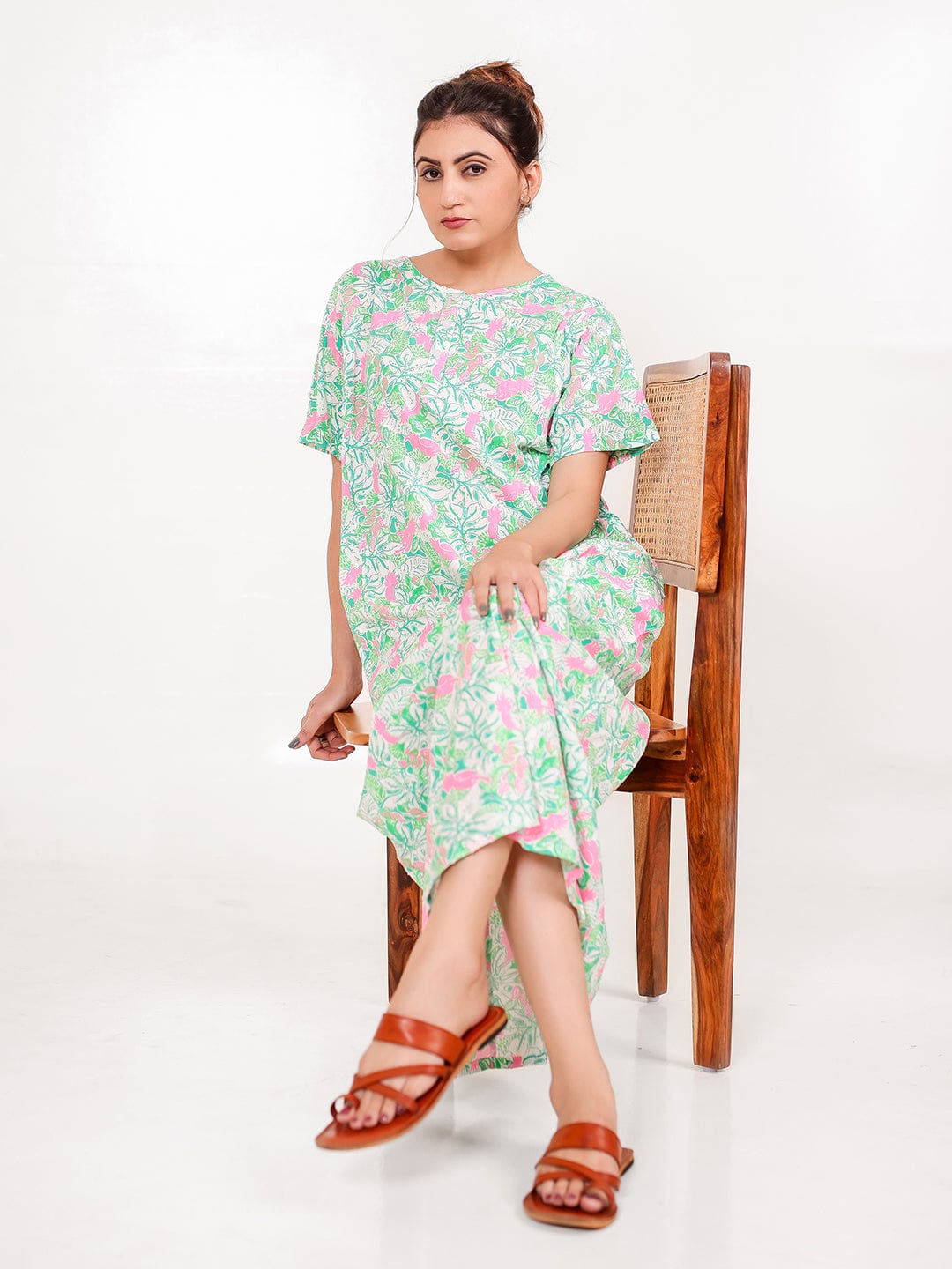 The Kaftan Company Nightdress Mint Pink Cotton Floral Nightdress with Pockets