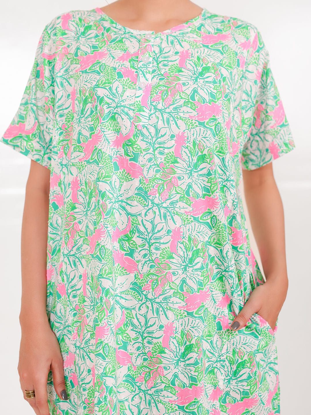 The Kaftan Company Nightdress Mint Pink Cotton Floral Nightdress with Pockets