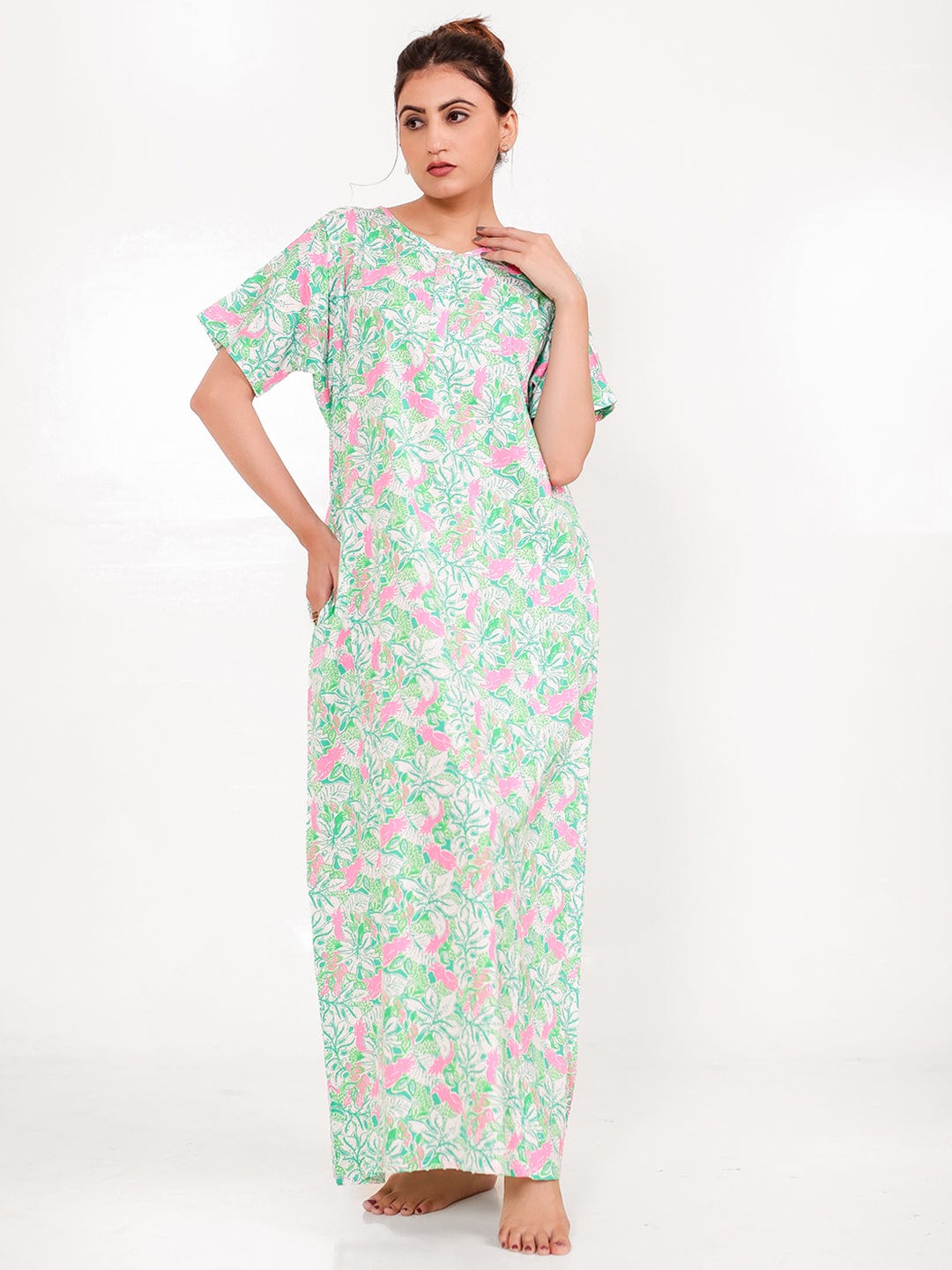 The Kaftan Company Nightdress Mint Pink Cotton Floral Nightdress with Pockets