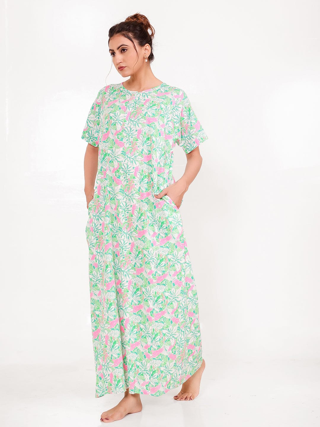 The Kaftan Company Nightdress Mint Pink Cotton Floral Nightdress with Pockets
