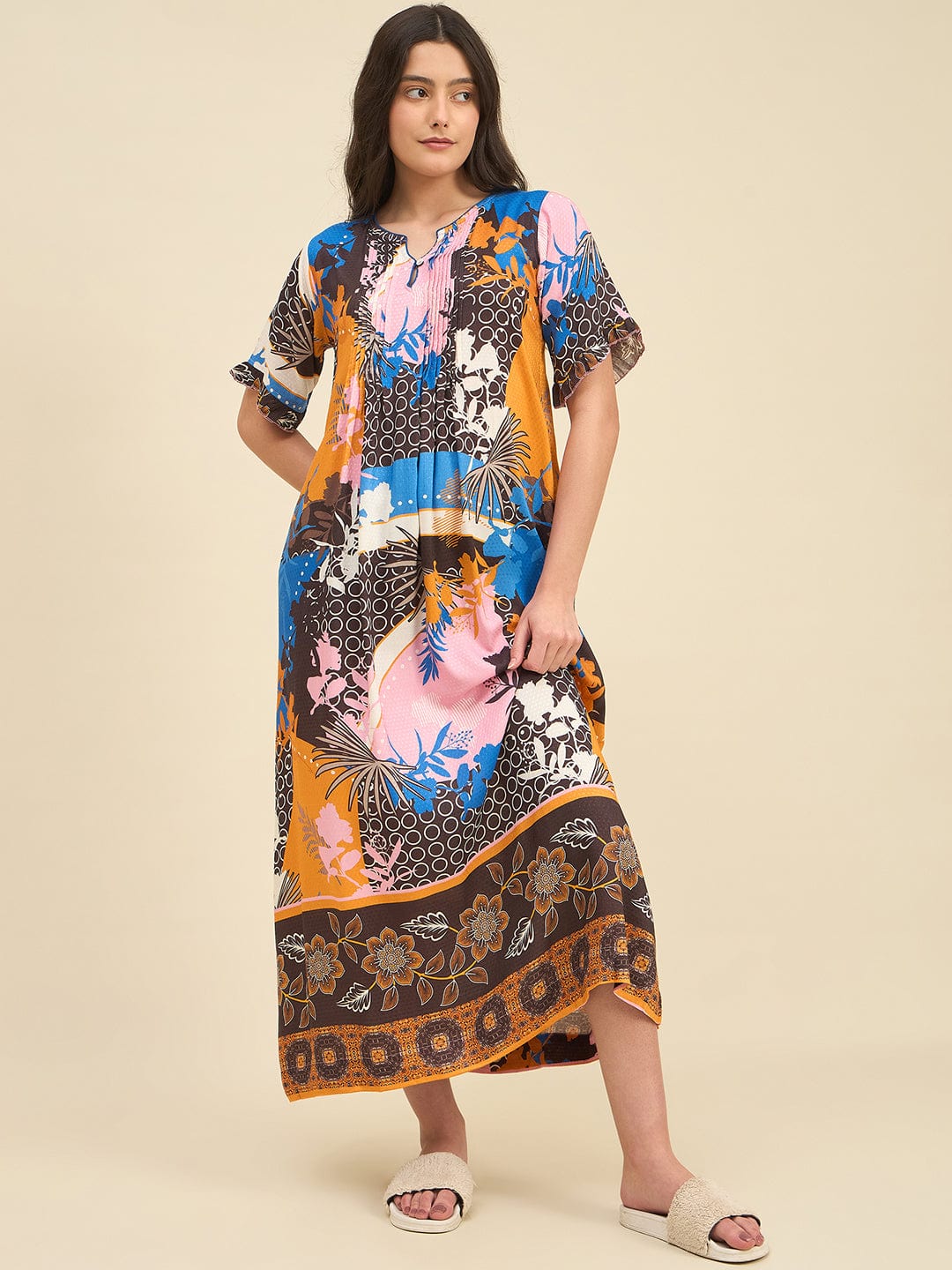 The Kaftan Company Nightdress Multicolor Viscose Rayon Printed Nightdress – Pin-Tucked Yoke with Artistic Boho Print