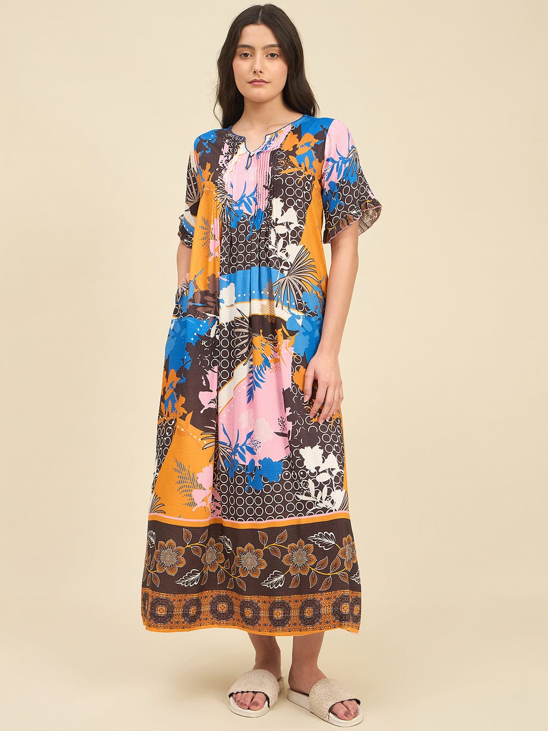 The Kaftan Company Nightdress Multicolor Viscose Rayon Printed Nightdress – Pin-Tucked Yoke with Artistic Boho Print