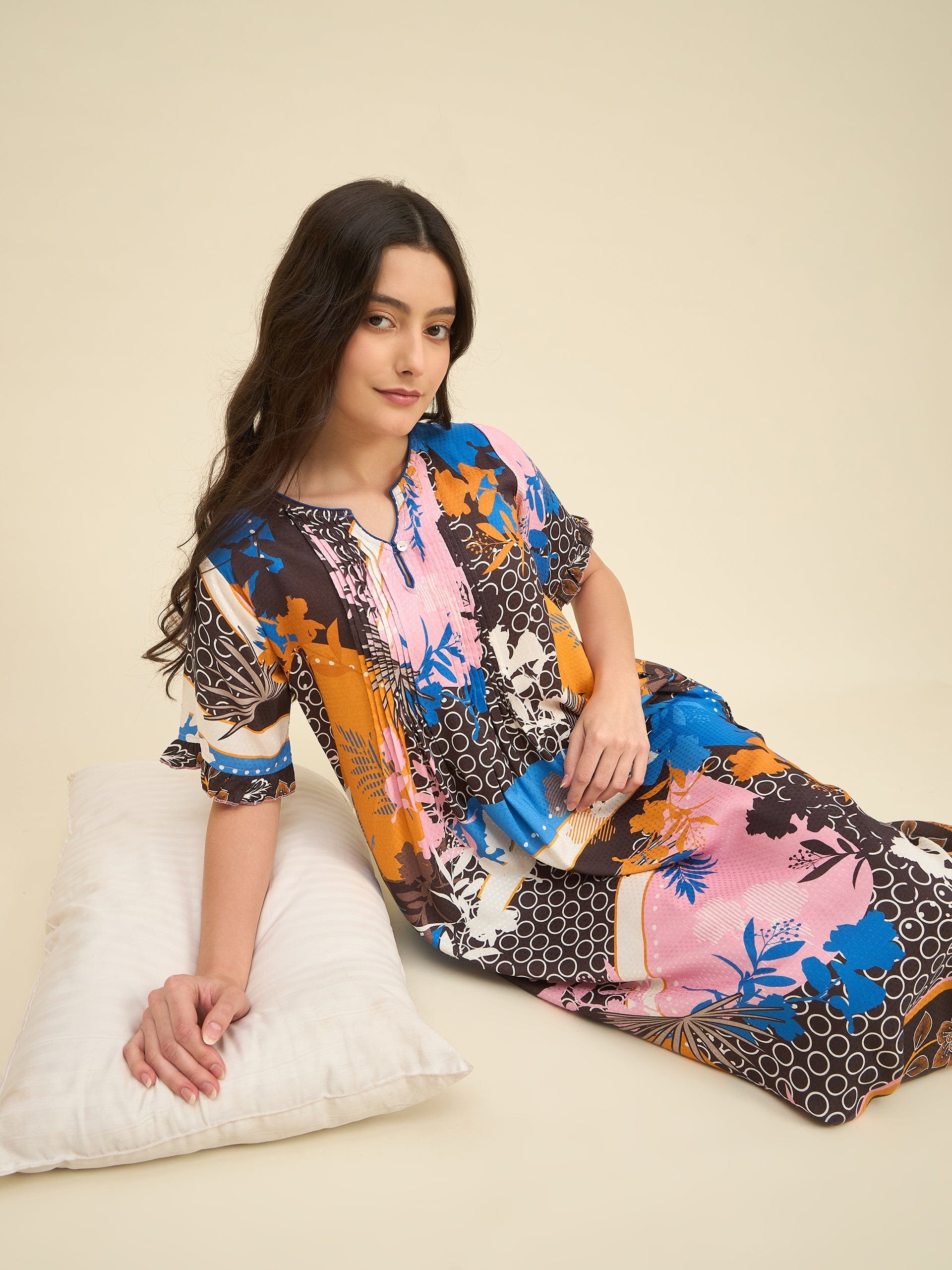 The Kaftan Company Nightdress Multicolor Viscose Rayon Printed Nightdress – Pin-Tucked Yoke with Artistic Boho Print