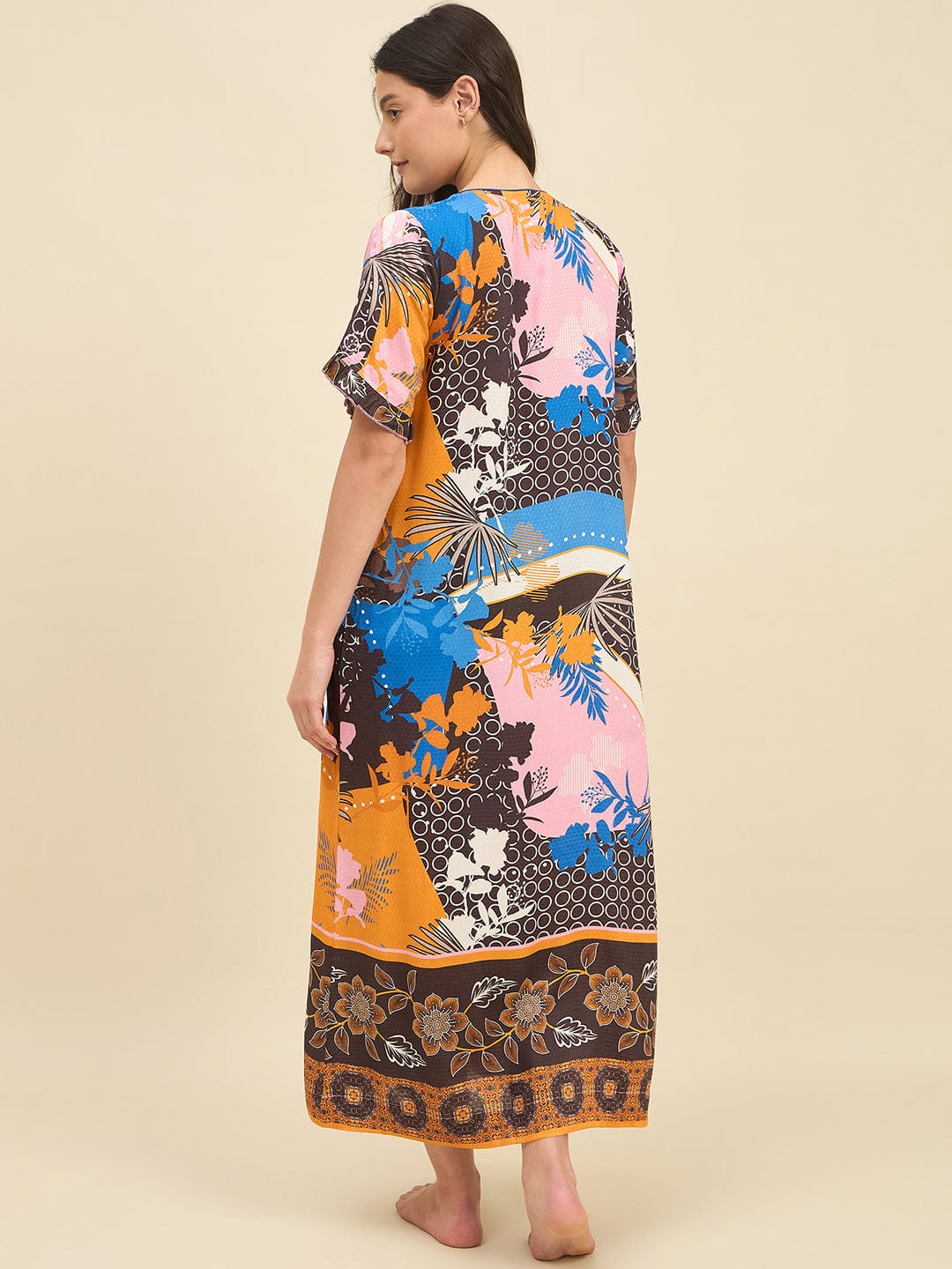 The Kaftan Company Nightdress Multicolor Viscose Rayon Printed Nightdress – Pin-Tucked Yoke with Artistic Boho Print