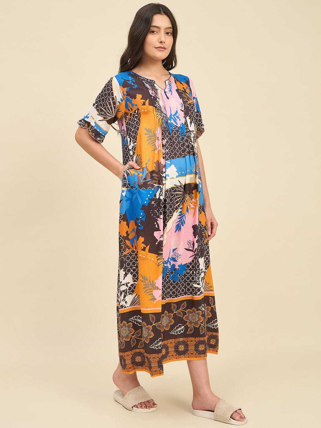 The Kaftan Company Nightdress Multicolor Viscose Rayon Printed Nightdress – Pin-Tucked Yoke with Artistic Boho Print