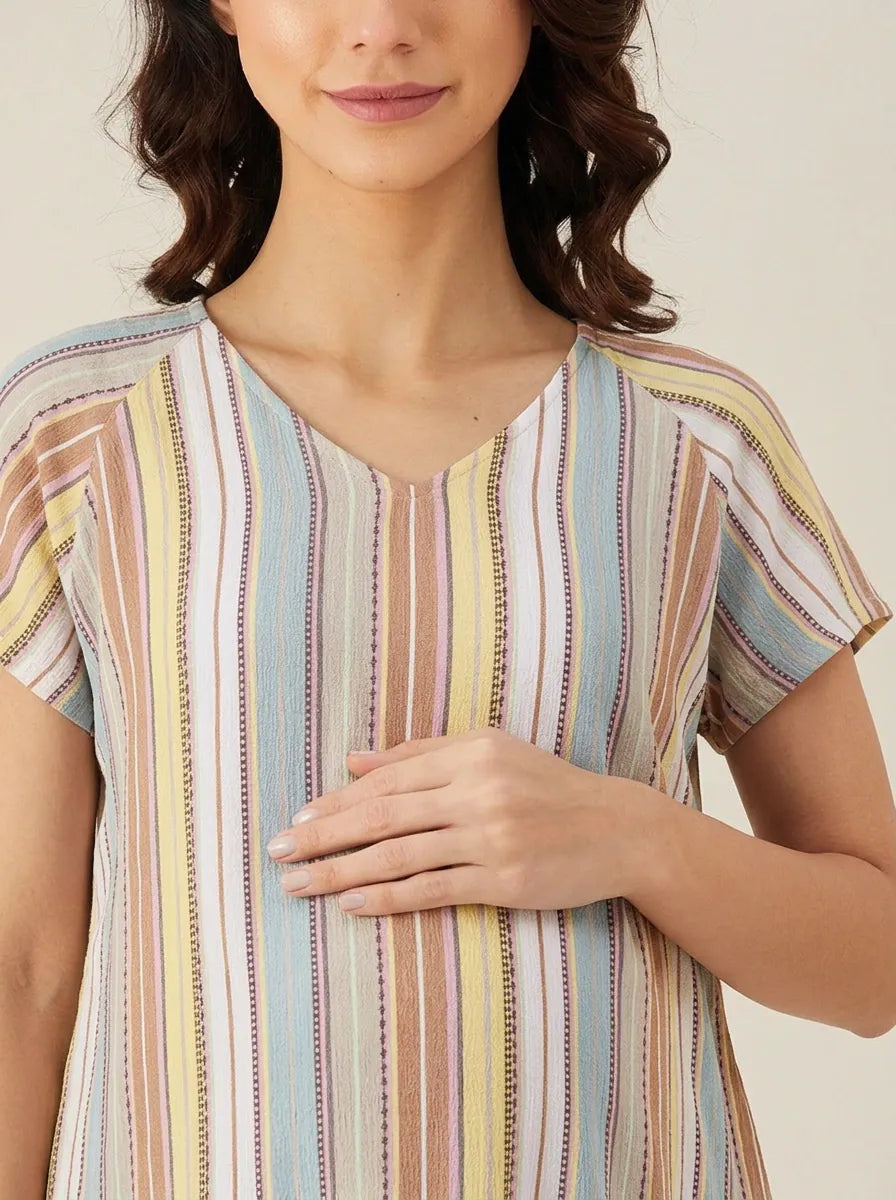 The Kaftan Company Nightdress Multicolour Striped Viscose Maternity Nightdress with Pockets