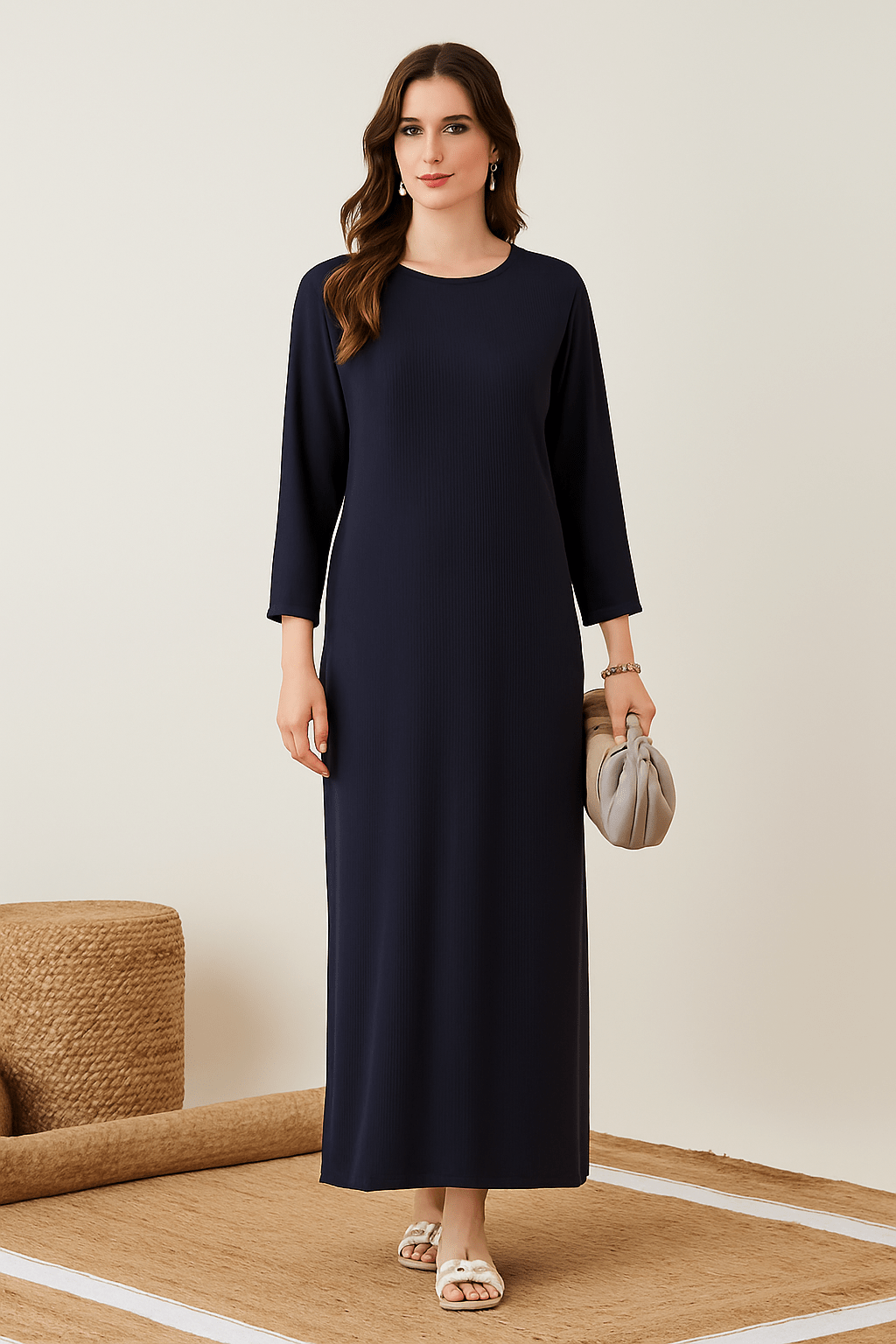The Kaftan Company Nightdress Navy Blue Ribbed Full-Length Nightdress