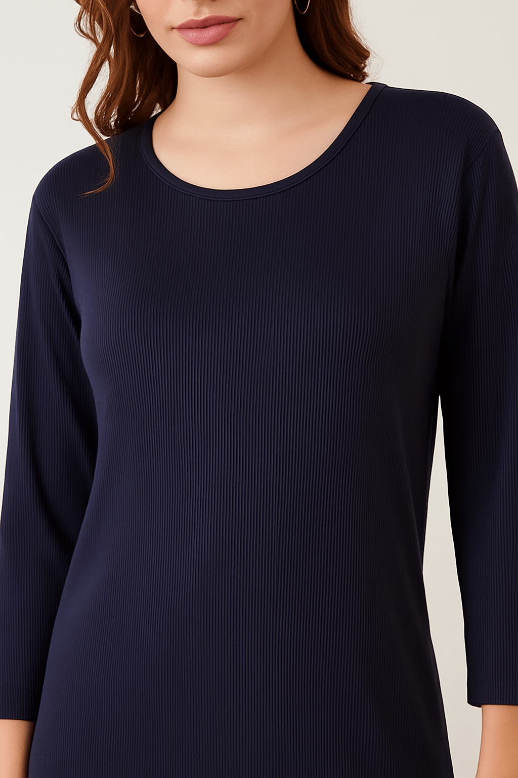 The Kaftan Company Nightdress Navy Blue Ribbed Full-Length Nightdress