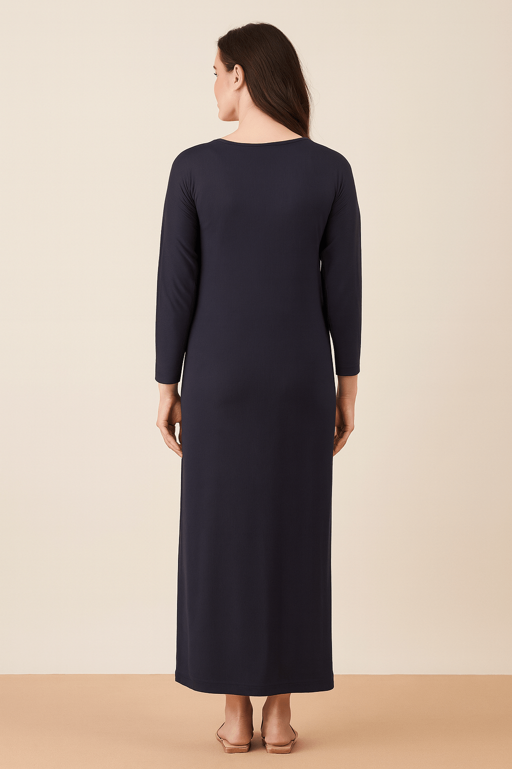 The Kaftan Company Nightdress Navy Blue Ribbed Full-Length Nightdress