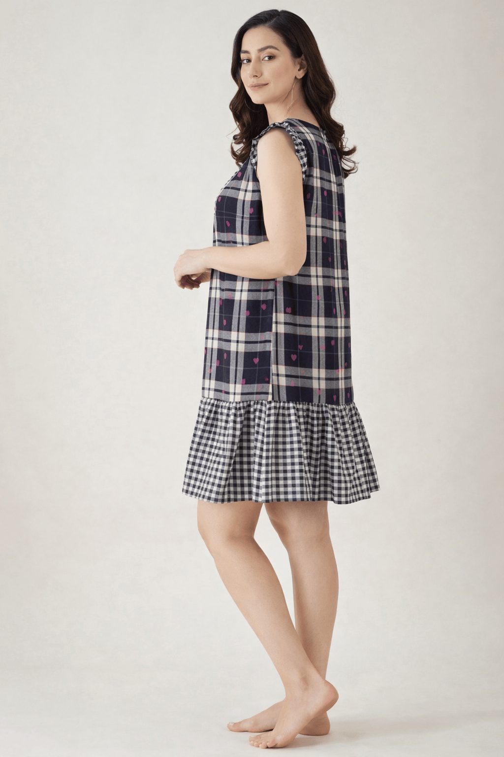 The Kaftan Company Nightdress Navy Check Print Cotton Short Nightdress with Ruffle Hem