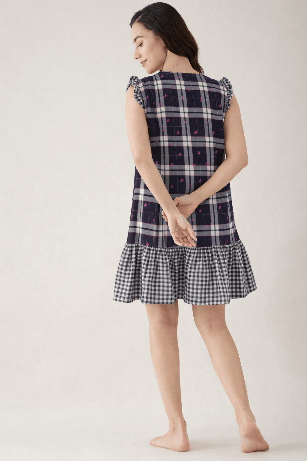 The Kaftan Company Nightdress Navy Check Print Cotton Short Nightdress with Ruffle Hem