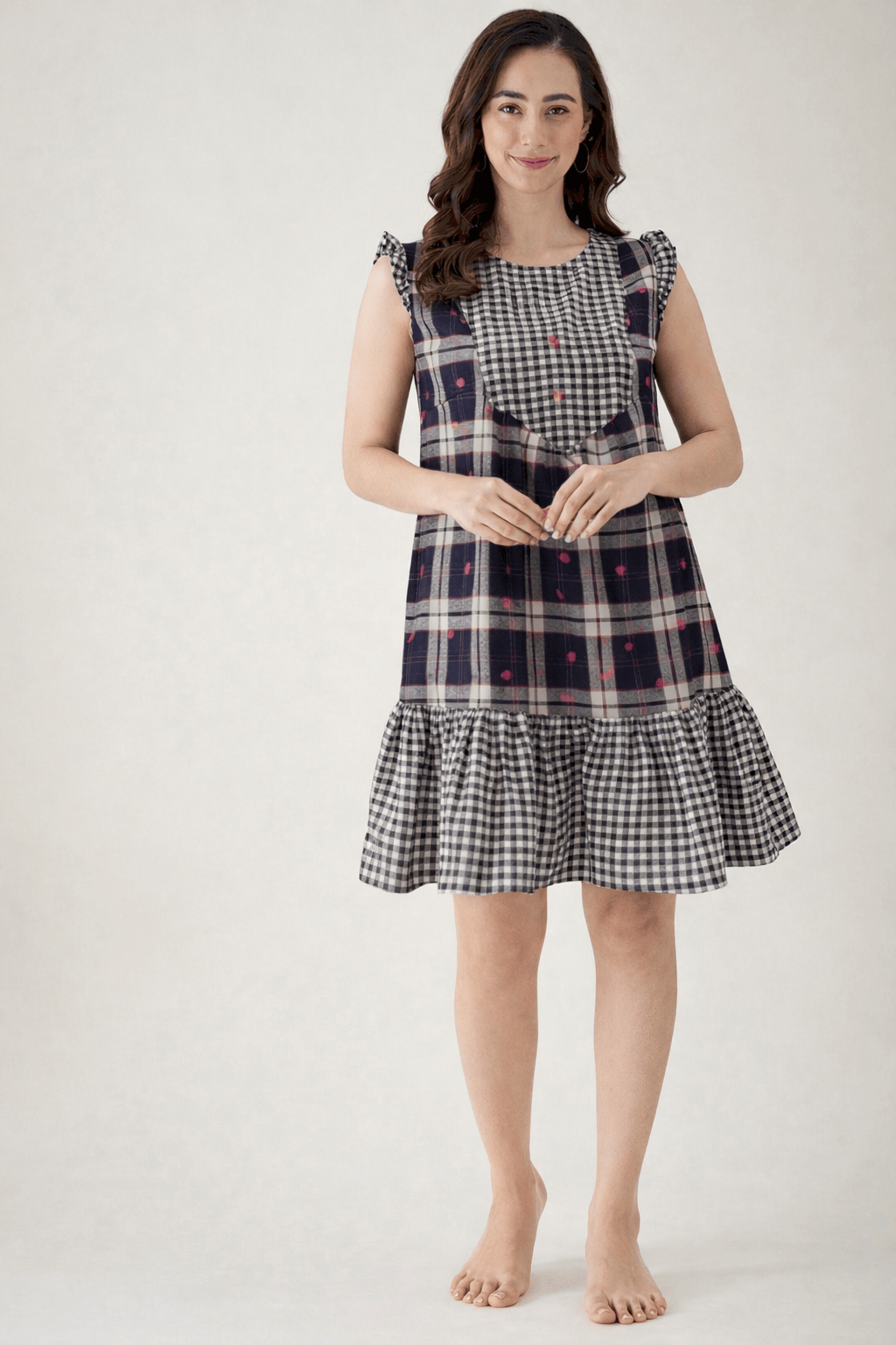 Navy Check Print Cotton Short Nightdress with Ruffle Hem – The Kaftan  Company