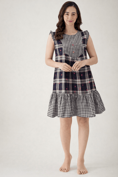Navy Check Print Cotton Short Nightdress with Ruffle Hem