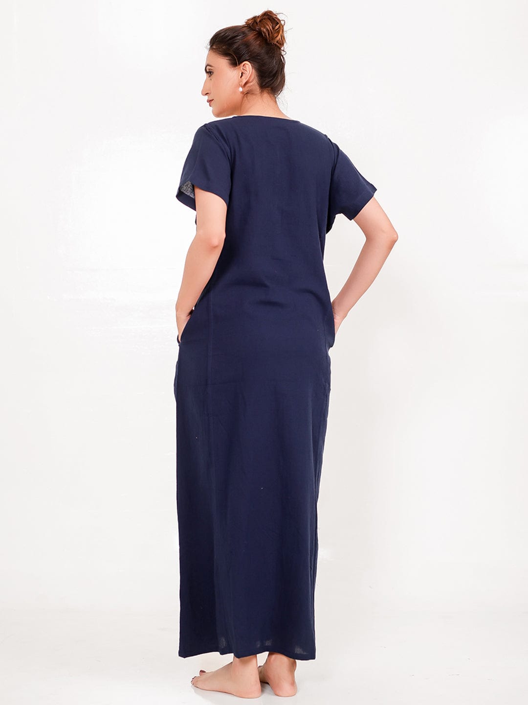 The Kaftan Company Nightdress Navy Cotton Nightdress – Hand-Embroidered Placket