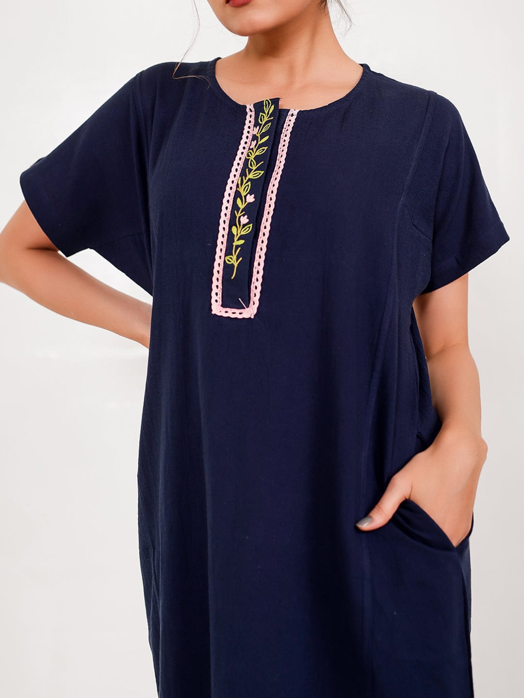 The Kaftan Company Nightdress Navy Cotton Nightdress – Hand-Embroidered Placket