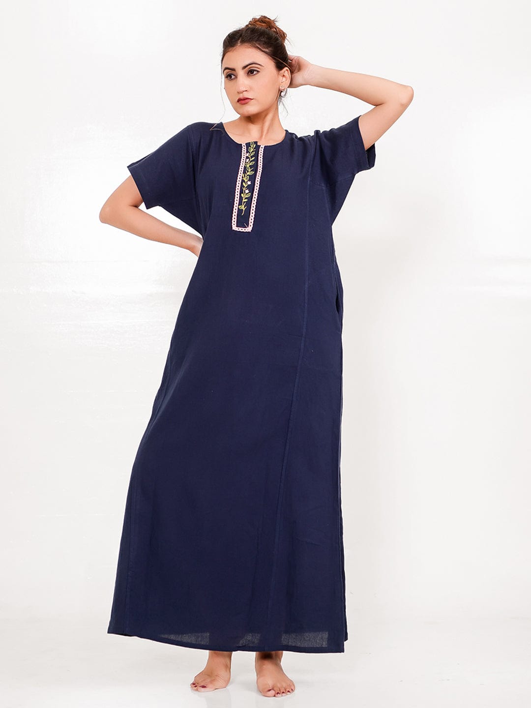 The Kaftan Company Nightdress Navy Cotton Nightdress – Hand-Embroidered Placket