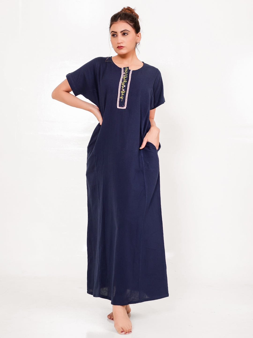 The Kaftan Company Nightdress Navy Cotton Nightdress – Hand-Embroidered Placket