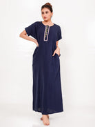 The Kaftan Company Nightdress Navy Cotton Nightdress – Hand-Embroidered Placket