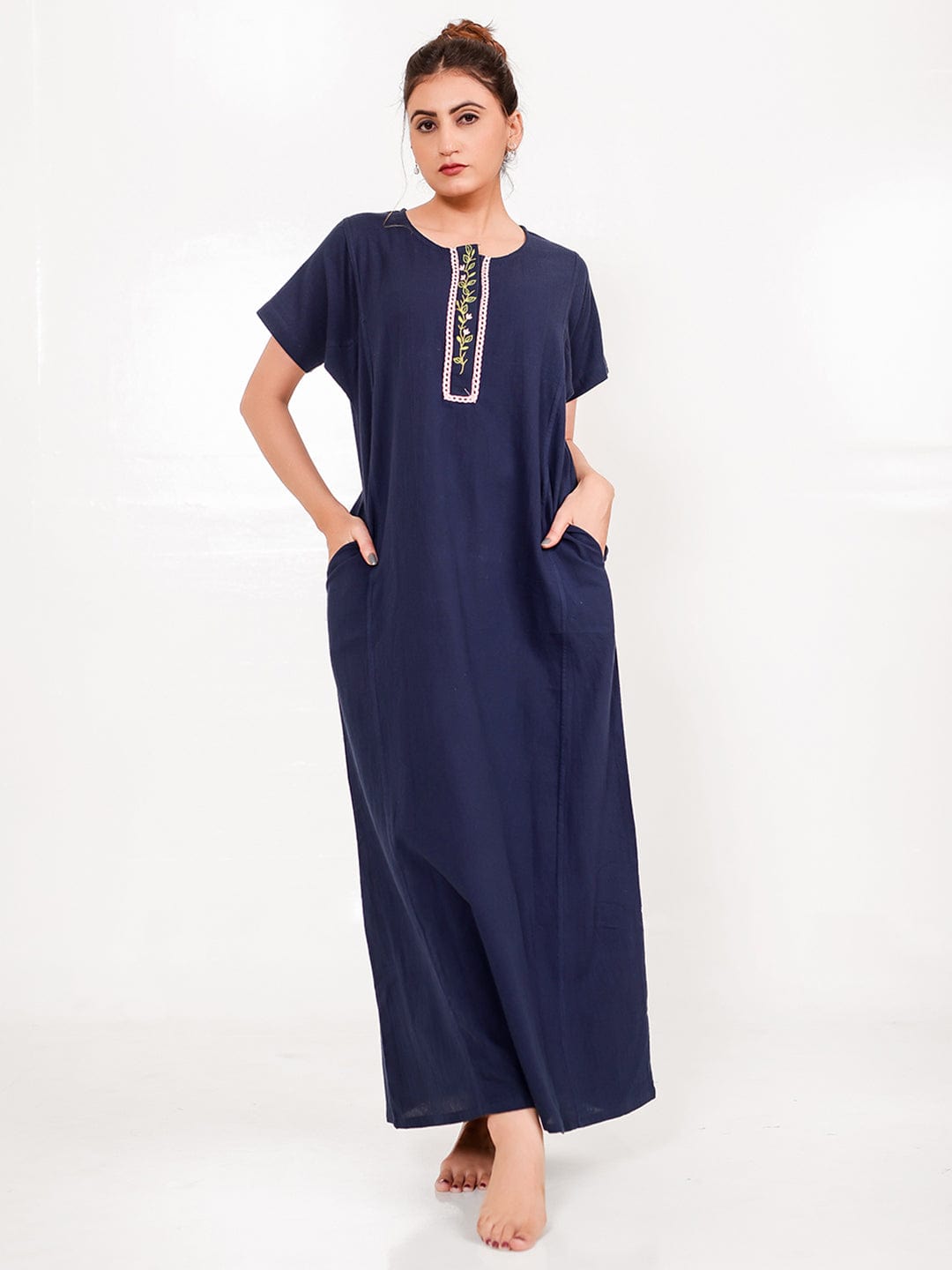 The Kaftan Company Nightdress Navy Cotton Nightdress – Hand-Embroidered Placket