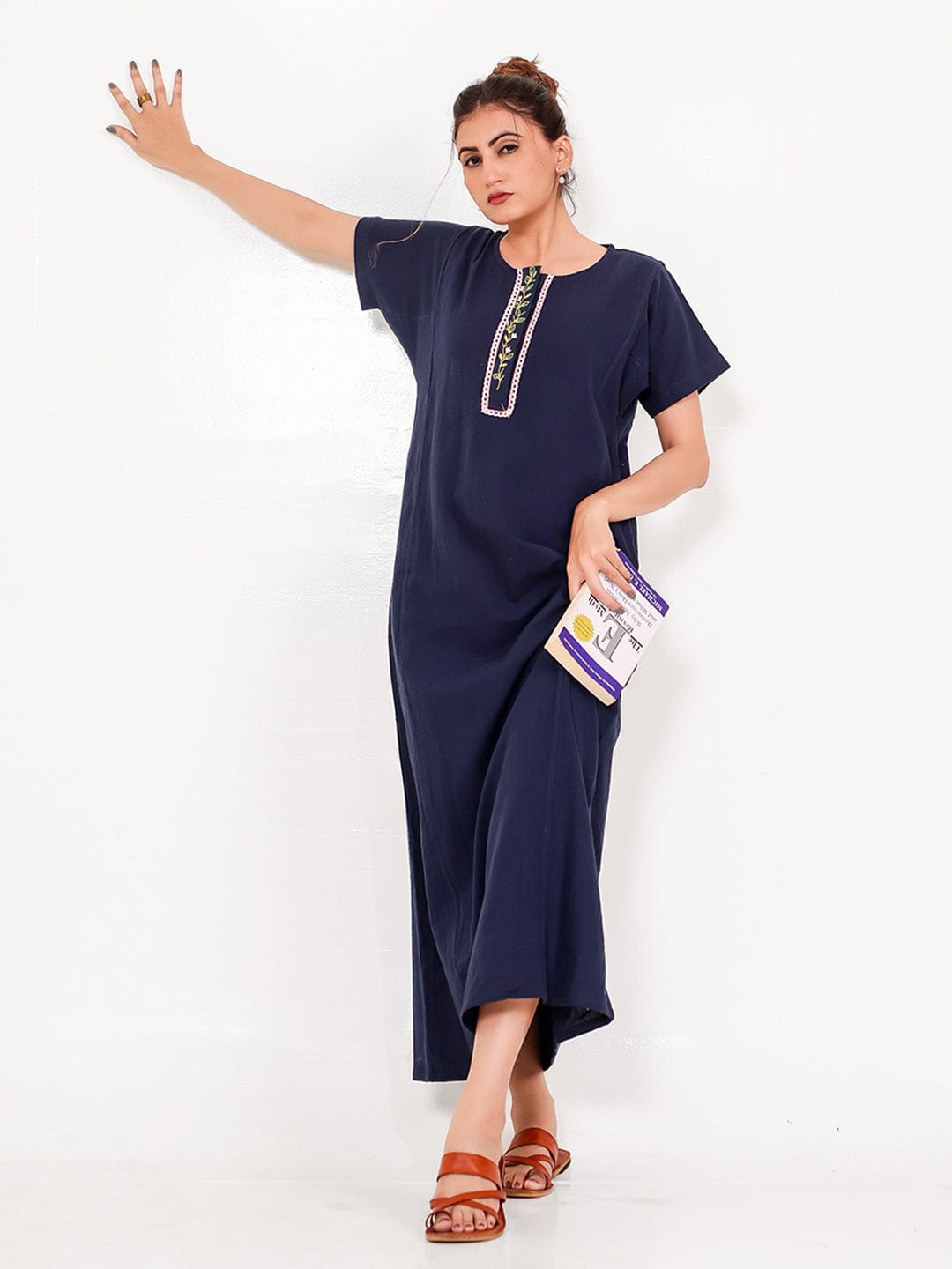 The Kaftan Company Nightdress Navy Cotton Nightdress – Hand-Embroidered Placket