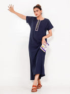 The Kaftan Company Nightdress Navy Cotton Nightdress – Hand-Embroidered Placket