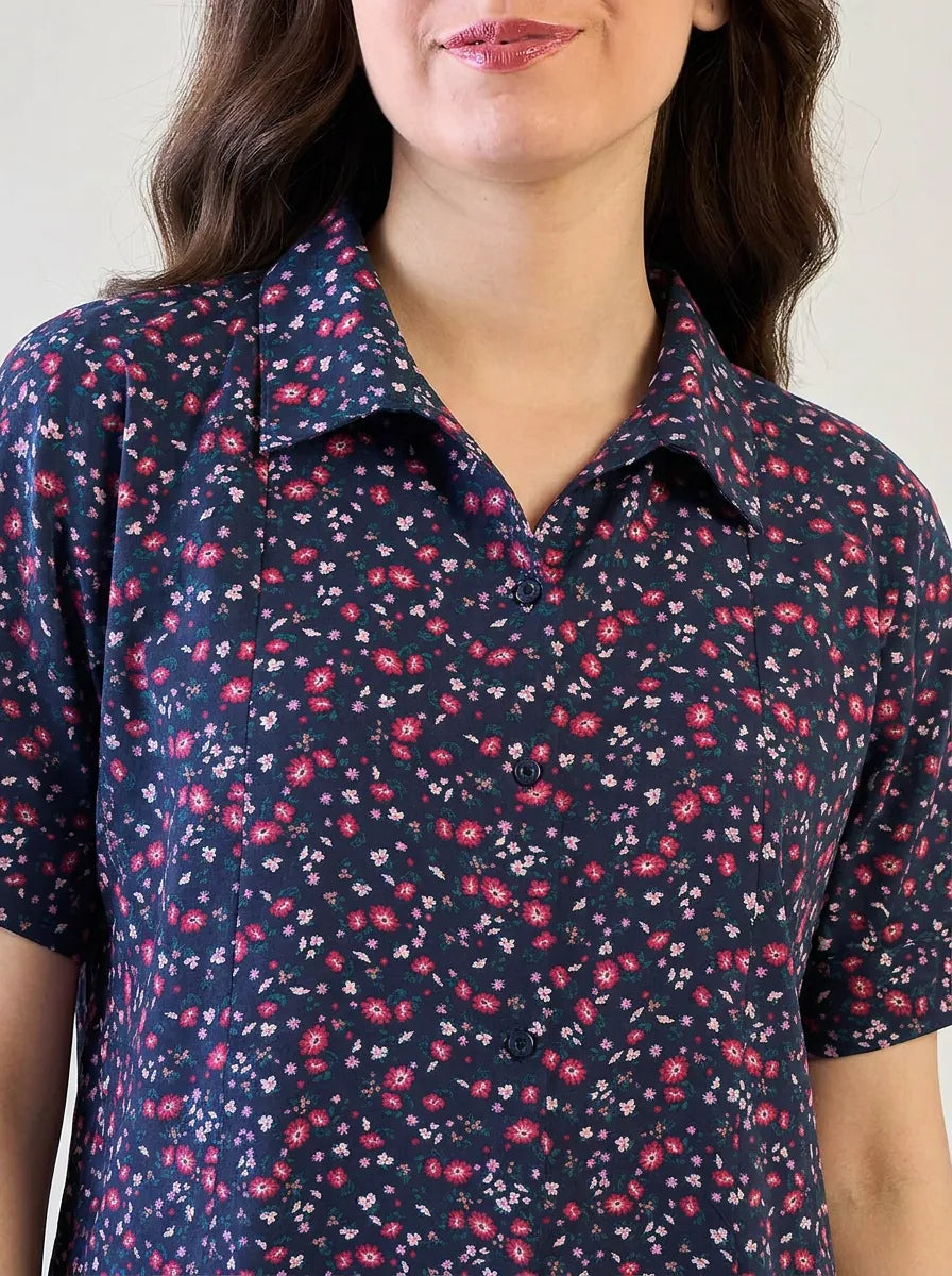 The Kaftan Company Nightdress Navy Floral Cotton Collared Nightdress with Pockets