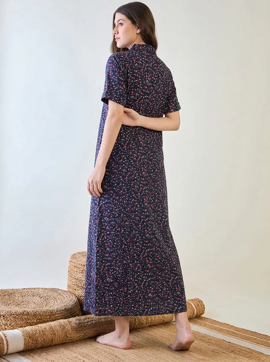 The Kaftan Company Nightdress Navy Floral Cotton Collared Nightdress with Pockets