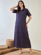 The Kaftan Company Nightdress Navy Floral Cotton Collared Nightdress with Pockets