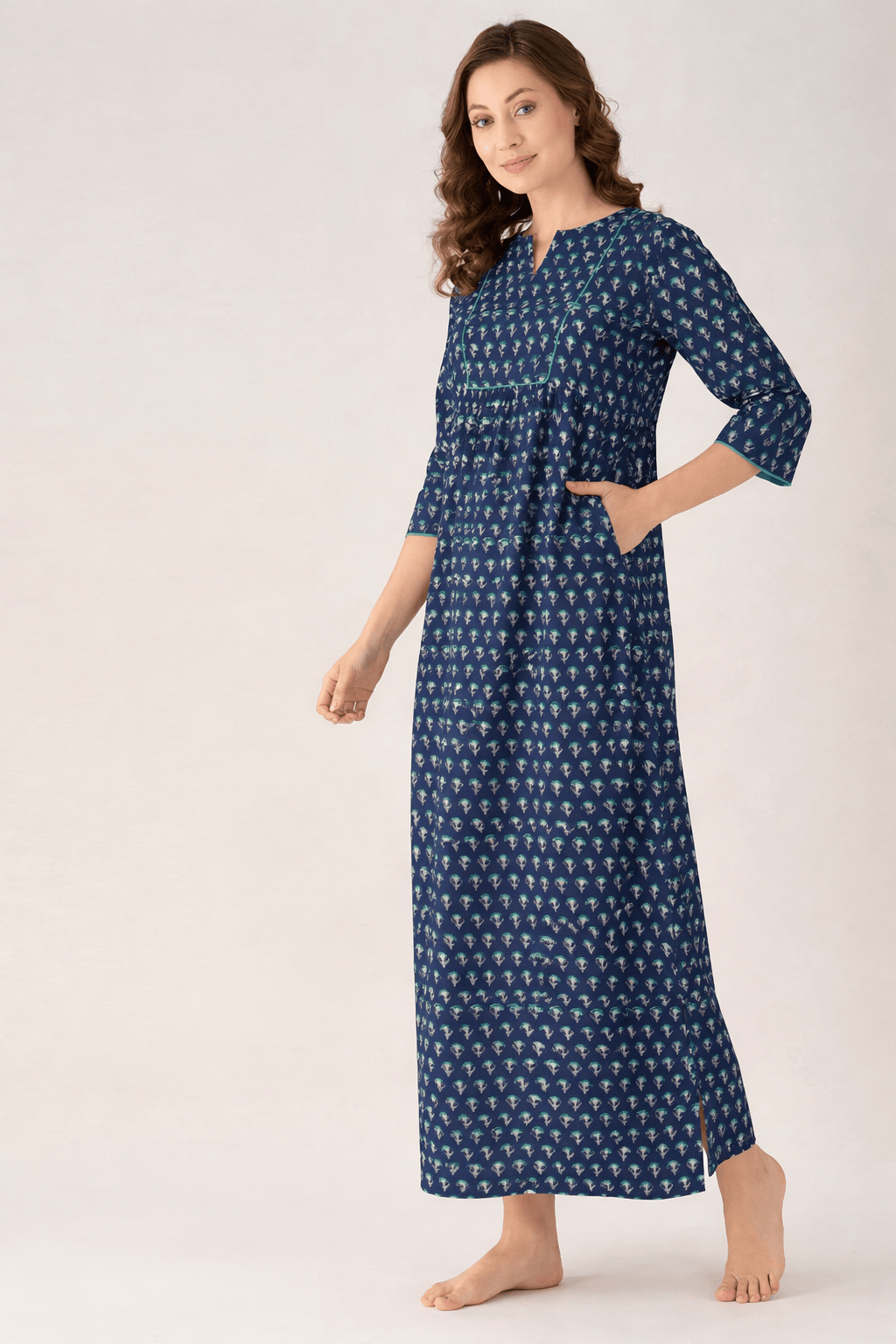 The Kaftan Company Nightdress Navy Printed Cotton Nightdress with Side Pockets