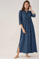 The Kaftan Company Nightdress Navy Printed Cotton Nightdress with Side Pockets