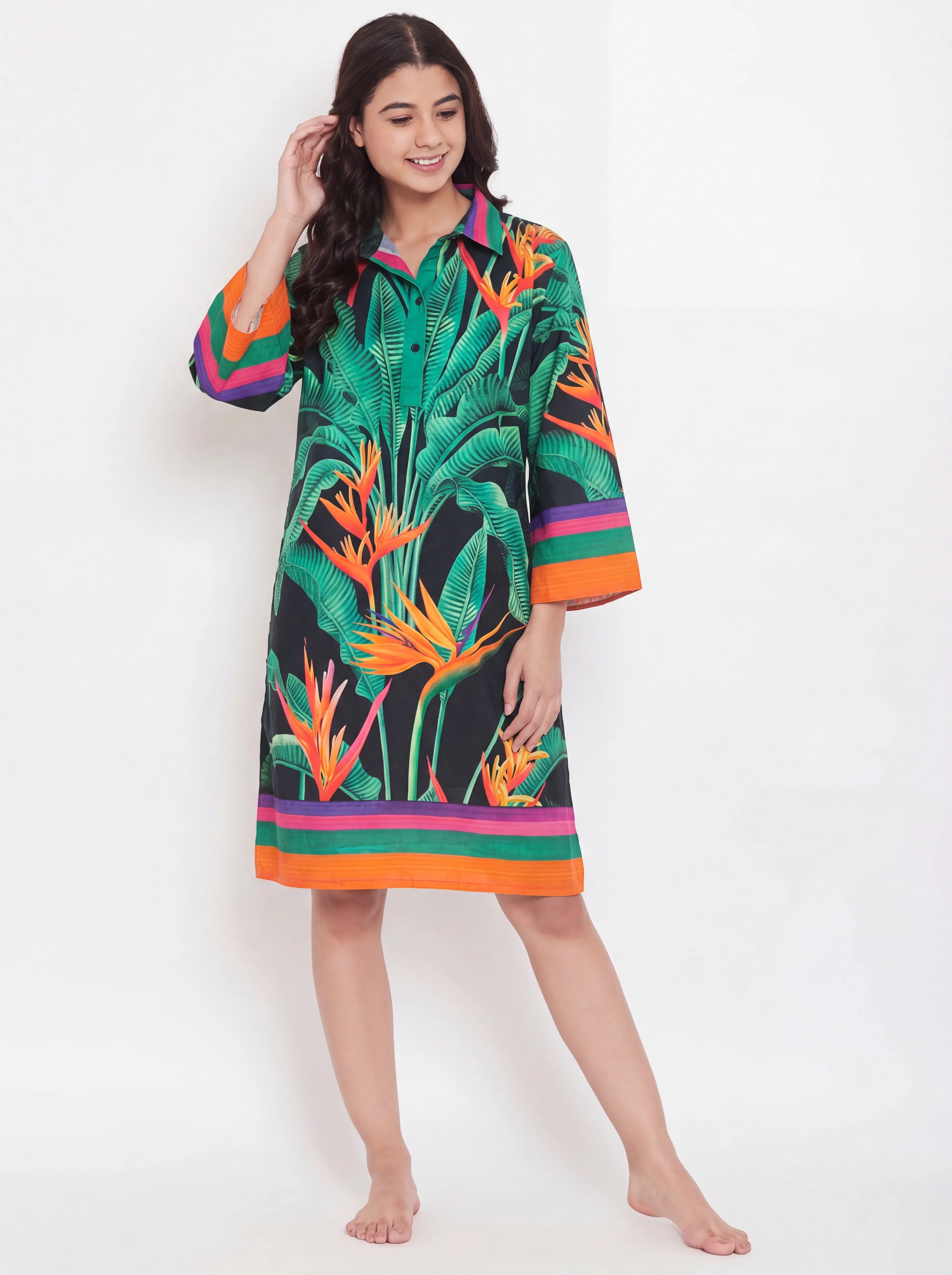 The Kaftan Company Nightdress Neon Paradise Print Short Cotton Nightdress
