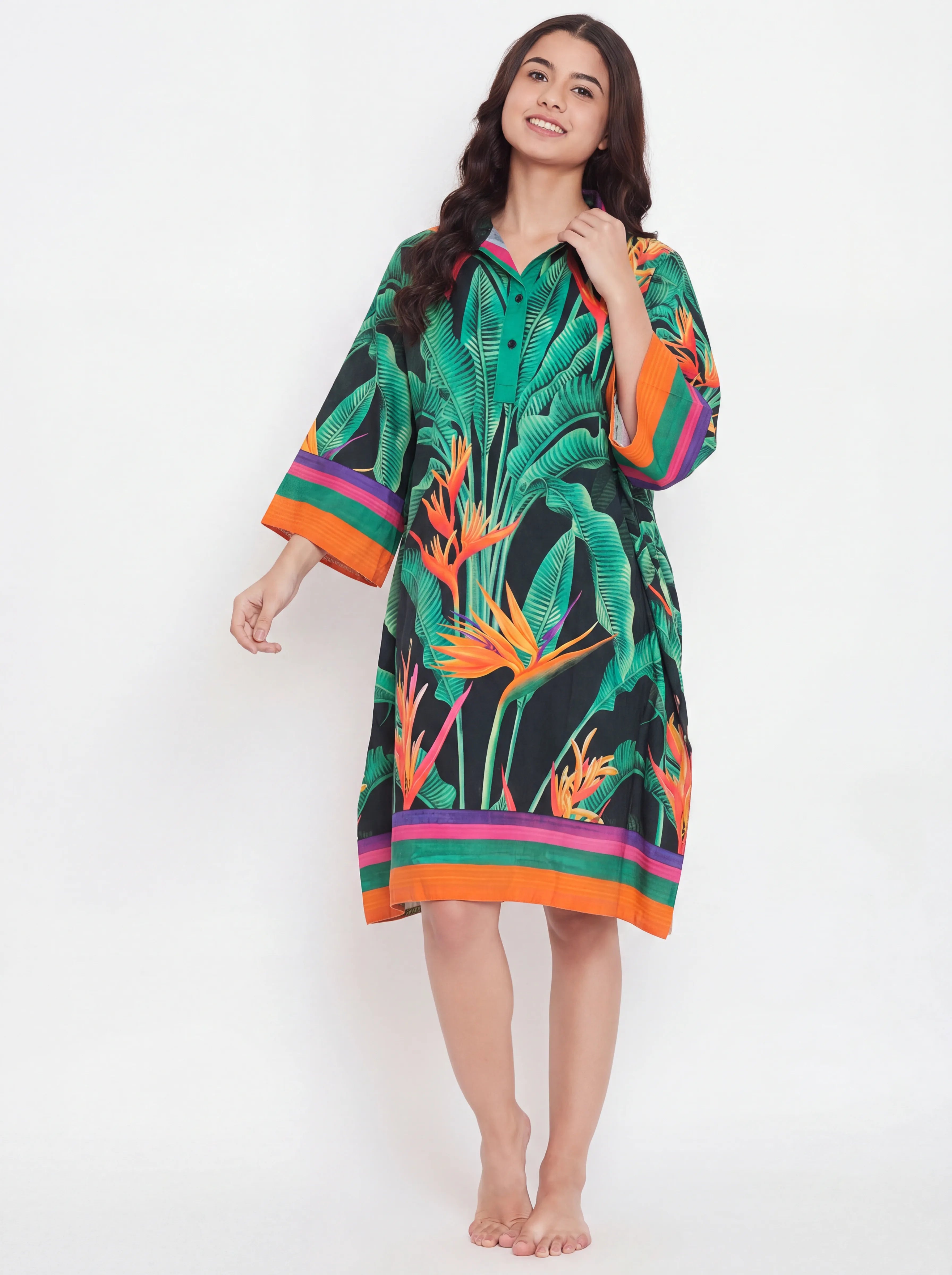 The Kaftan Company Nightdress Neon Paradise Print Short Cotton Nightdress