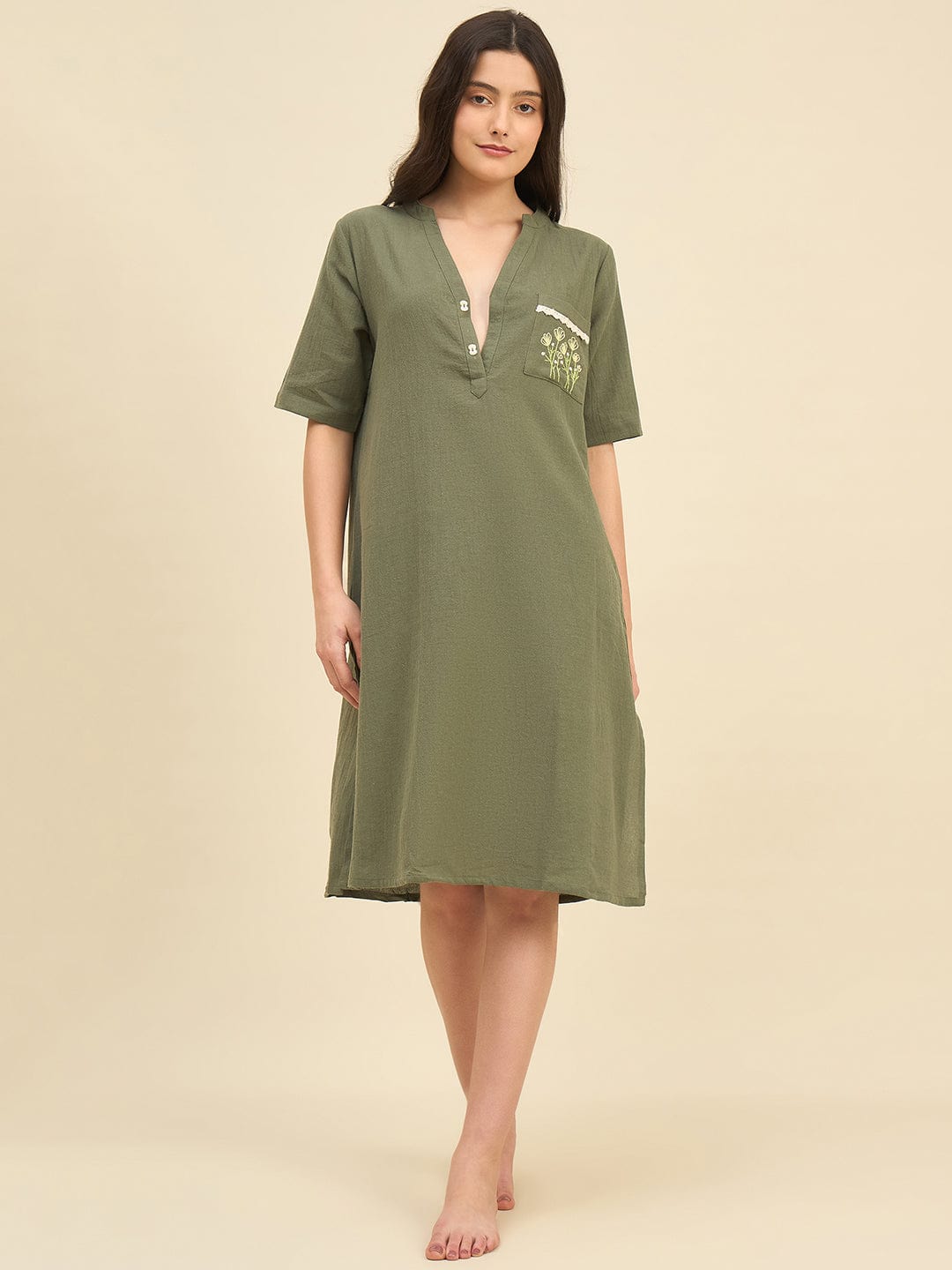 The Kaftan Company Nightdress Olive Cotton Nightdress with Embroidered Pocket