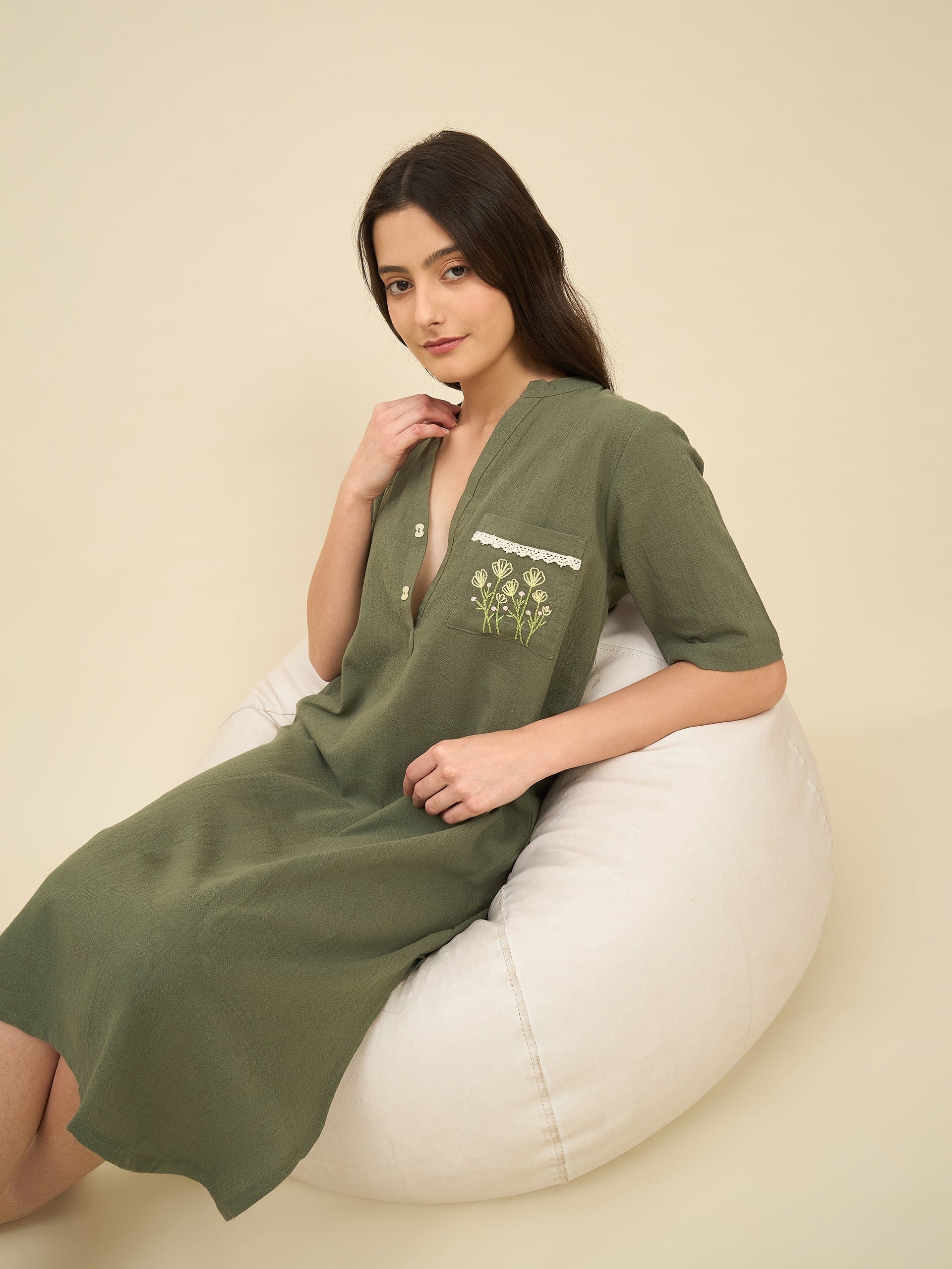 The Kaftan Company Nightdress Olive Cotton Nightdress with Embroidered Pocket