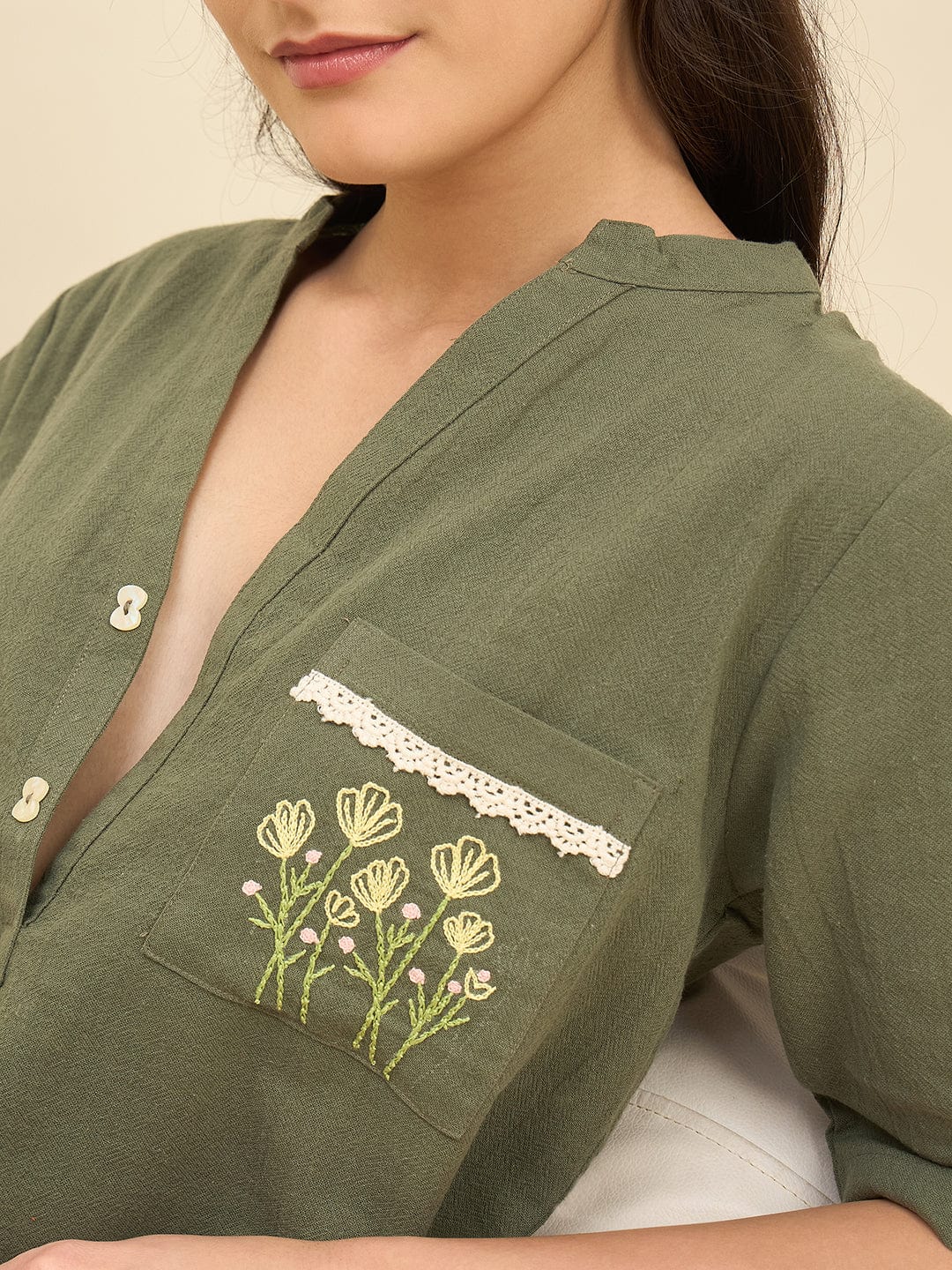 The Kaftan Company Nightdress Olive Cotton Nightdress with Embroidered Pocket